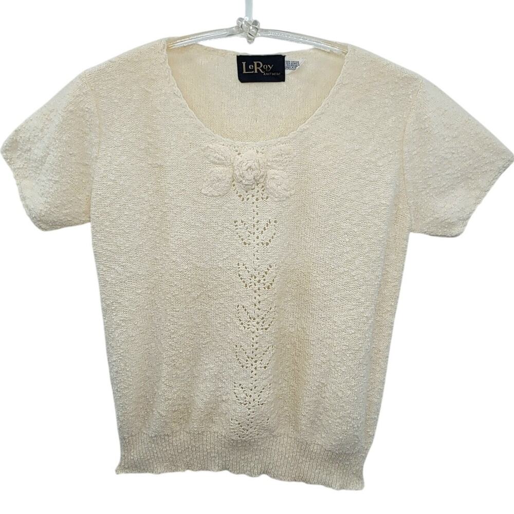 Le Roy Vintage Rosette Open Knit Boat Neck Short Sleeve Lolita Sweater‎ Blouse
